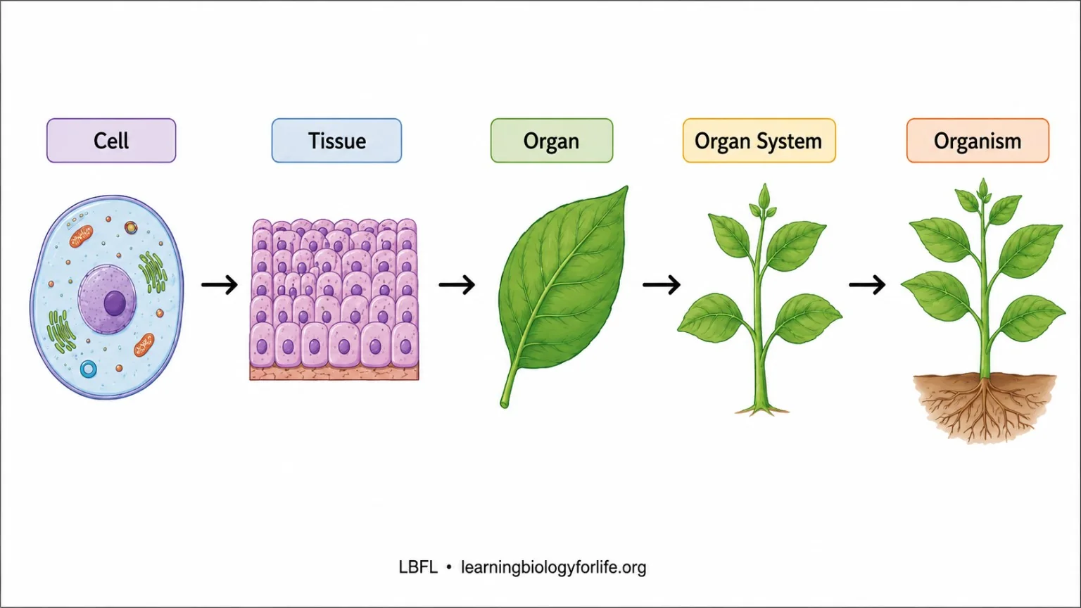 Cell to tissue to organ to organ system to organism flowchart.